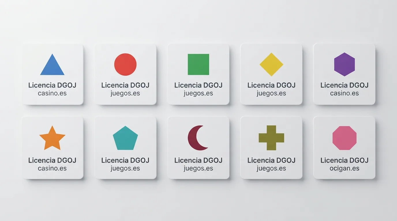 Una cuadrícula con los logotipos de los 10 casinos comparados, cada uno acompañado del distintivo de licencia DGOJ y su dominio .es.