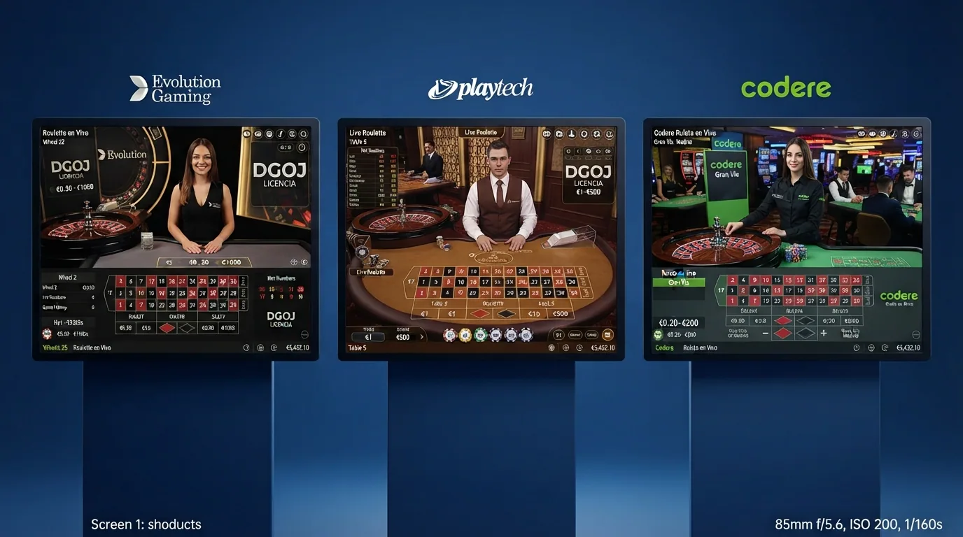 Pantalla dividida mostrando las interfaces de ruleta en vivo de varios operadores con licencia DGOJ, destacando diferencias visuales entre proveedores