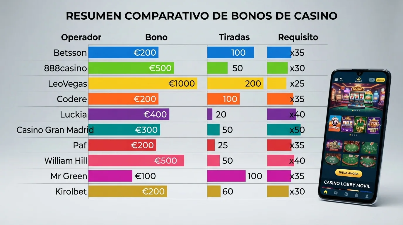 Tabla comparativa con las columnas de operador, bono de bienvenida, tiradas gratis y rollover frente a una silueta de móvil con fichas de casino