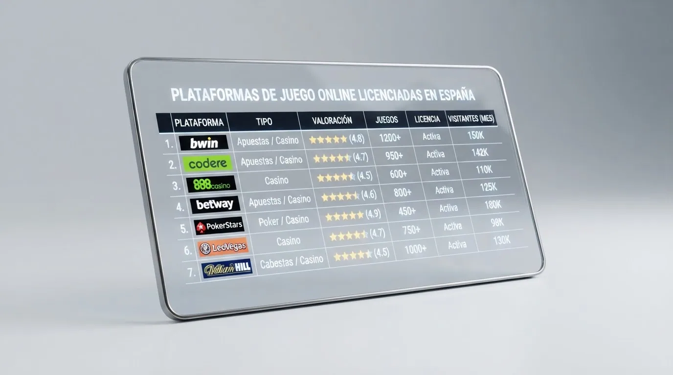 Captura de las fichas de diez operadores de casino con su logo, valoración y datos clave en una tabla comparativa