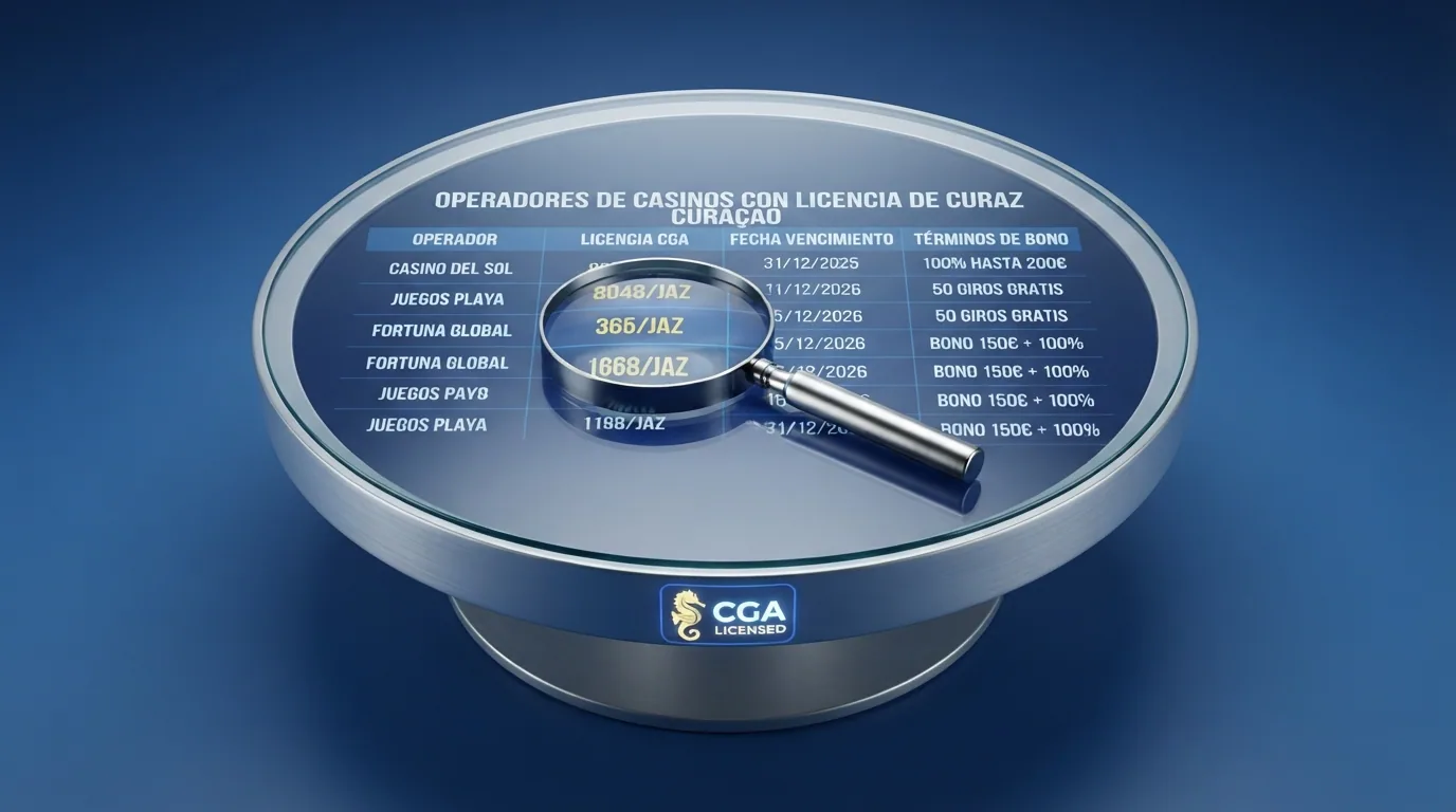 Captura parcial de una tabla comparativa con logotipos de casinos y una lupa sobre la columna de licencia