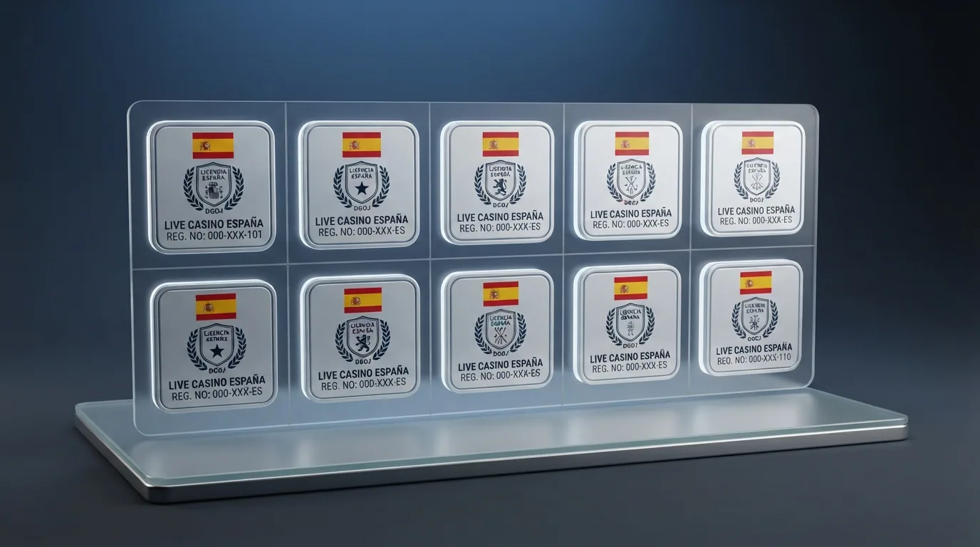 Una cuadrícula con los logotipos de diez casinos online y, sobre cada uno, un icono de licencia con la bandera de España y las siglas DGOJ