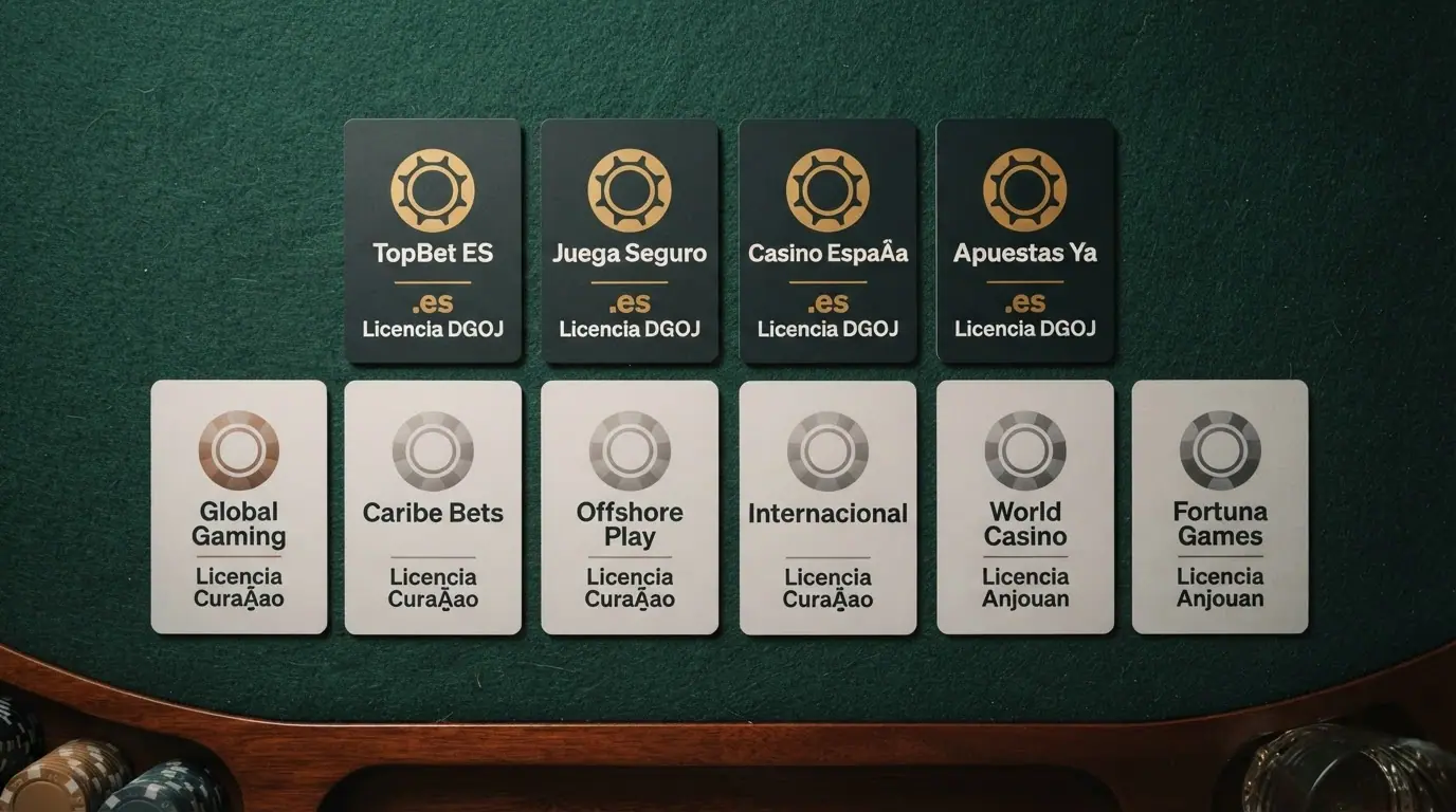 Diez tarjetas con los logotipos de los operadores analizados, dispuestas en dos filas que separan visualmente los que tienen licencia DGOJ de los que operan desde fuera.