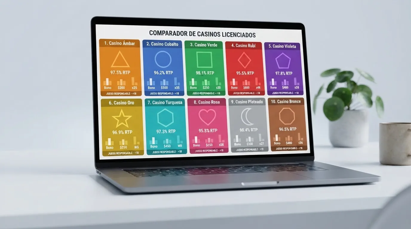 Pantalla dividida con las fichas de los 10 casinos del ranking ordenadas en cuadrícula, cada una con su logotipo y una barra de puntuación