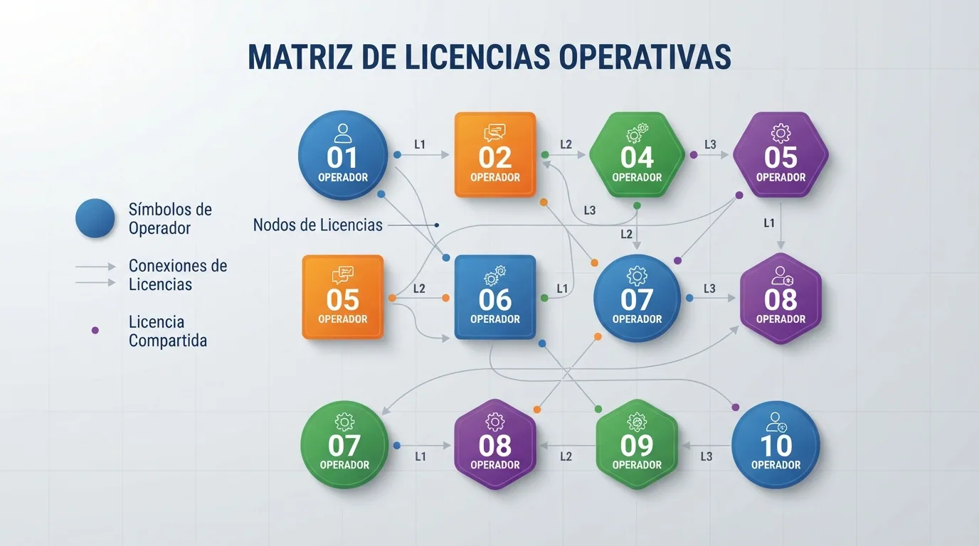 Composición visual con los logotipos de los diez operadores analizados ordenados en matriz, conectados por líneas que representan sus licencias compartidas