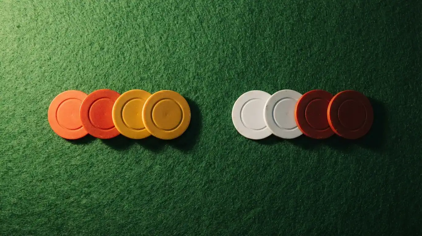 Vista cenital de diez fichas de casino alineadas en dos grupos: cinco con los colores de la bandera española y cinco con los de la bandera de Malta