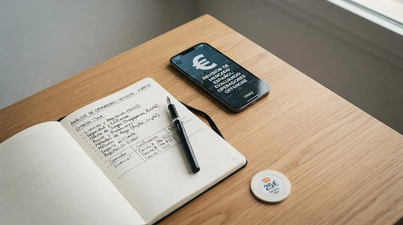 Vista cenital de una mesa con elementos que representan la comparativa: fichas, pantalla con datos y un documento con el sello de la DGOJ tachado