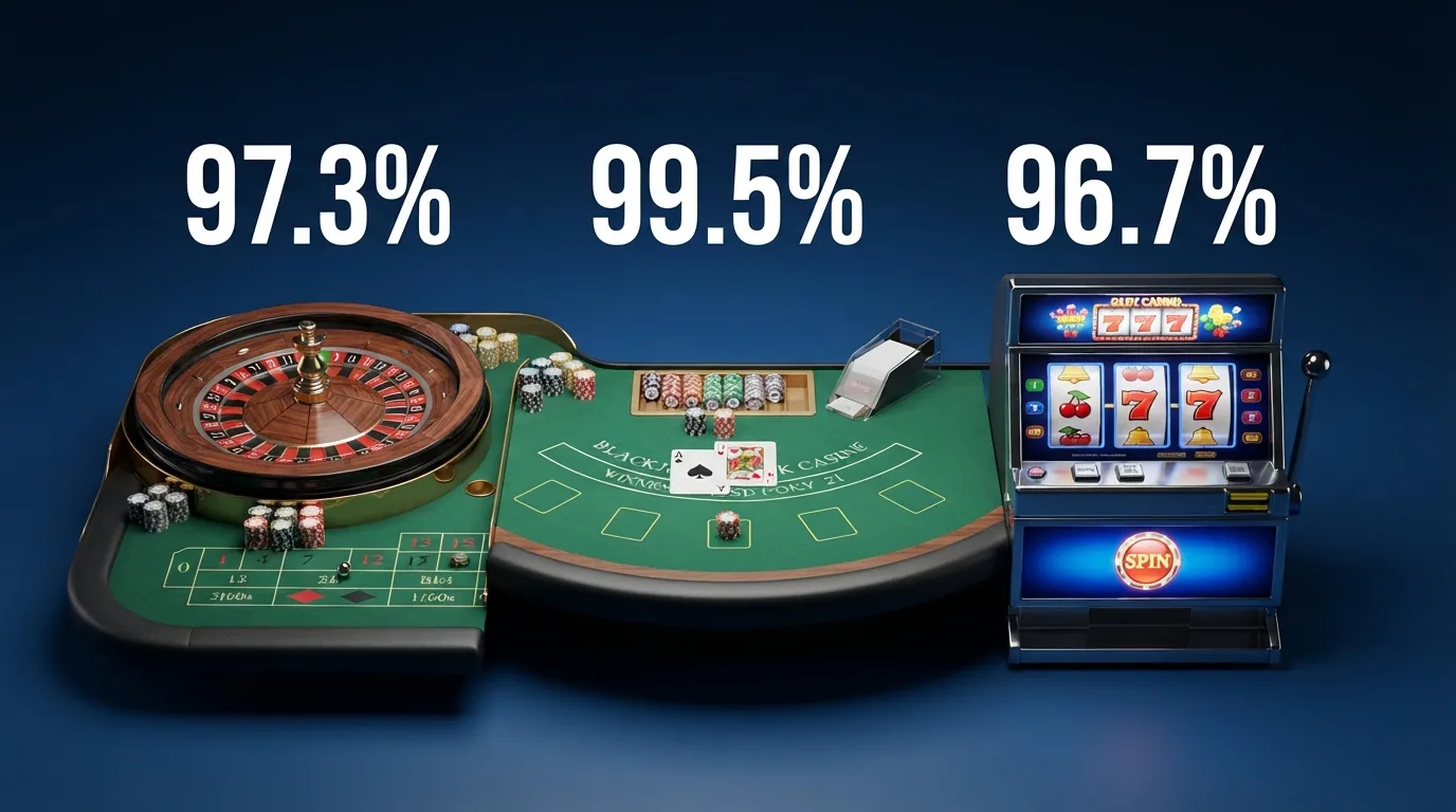 Representación visual de tres juegos de casino (ruleta, blackjack y tragaperras) con sus respectivos porcentajes de retorno teórico en primer plano