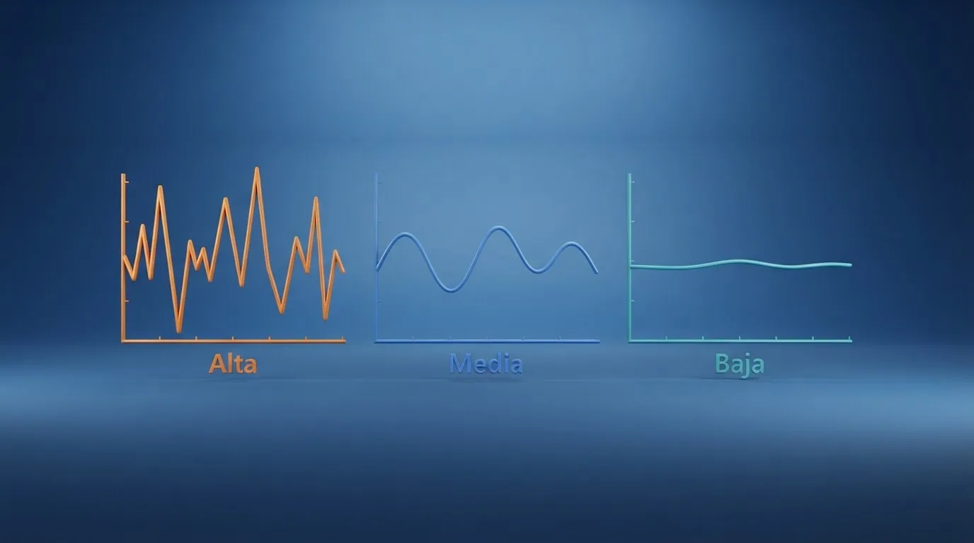 Un gráfico comparativo de tres líneas de sesión simuladas con el mismo RTP: una de alta volatilidad (picos y valles profundos), una de baja (línea plana) y una de media