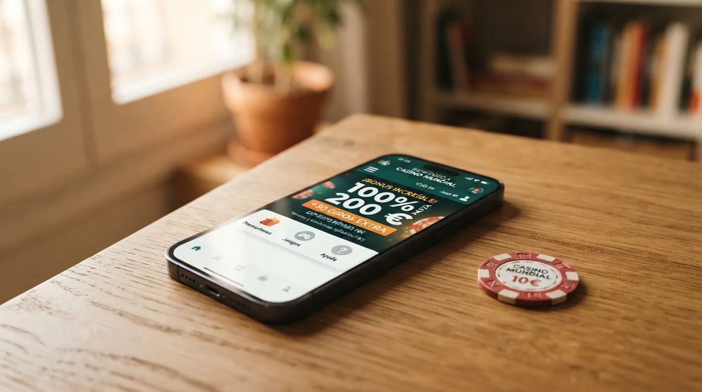 Teléfono Android mostrando la sección de promociones de un casino online con los términos del bono de bienvenida visibles