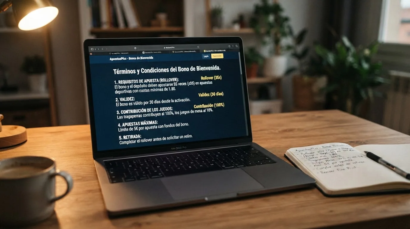 Primer plano de la pantalla de condiciones de un bono de bienvenida con los campos de rollover, vigencia y contribucion por juego resaltados