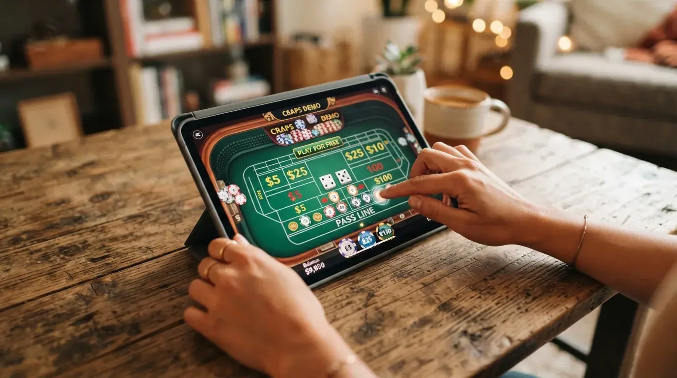 Interfaz de un juego de craps online en modo demo con fichas virtuales y el mensaje «juego de prueba» en pantalla