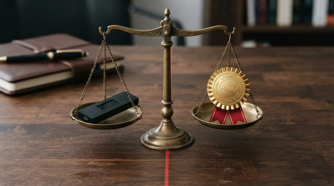 Una balanza con un monedero de criptomonedas en un platillo y el escudo de la DGOJ en el otro, separados por una línea que representa la frontera regulatoria