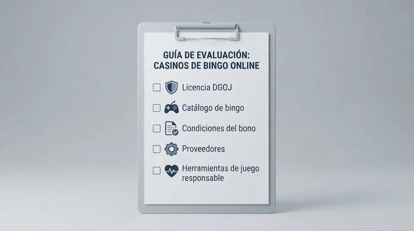 Lista de verificación con los cinco criterios de evaluación: licencia DGOJ, catálogo de bingo, condiciones del bono, proveedores y herramientas de juego responsable