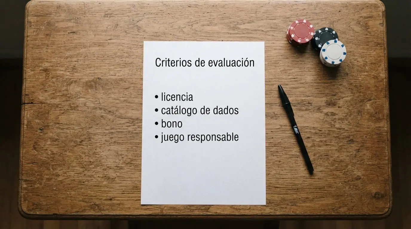 Lista de verificación con los criterios de evaluación (licencia, catálogo de dados, bono, juego responsable) sobre un escritorio