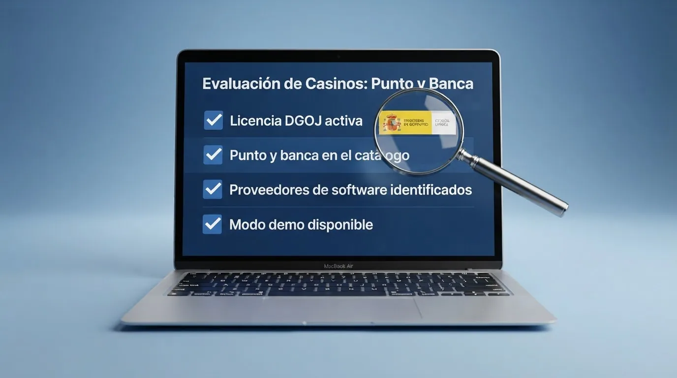 Lista de comprobación con los cuatro criterios de evaluación y una lupa sobre el registro de la DGOJ