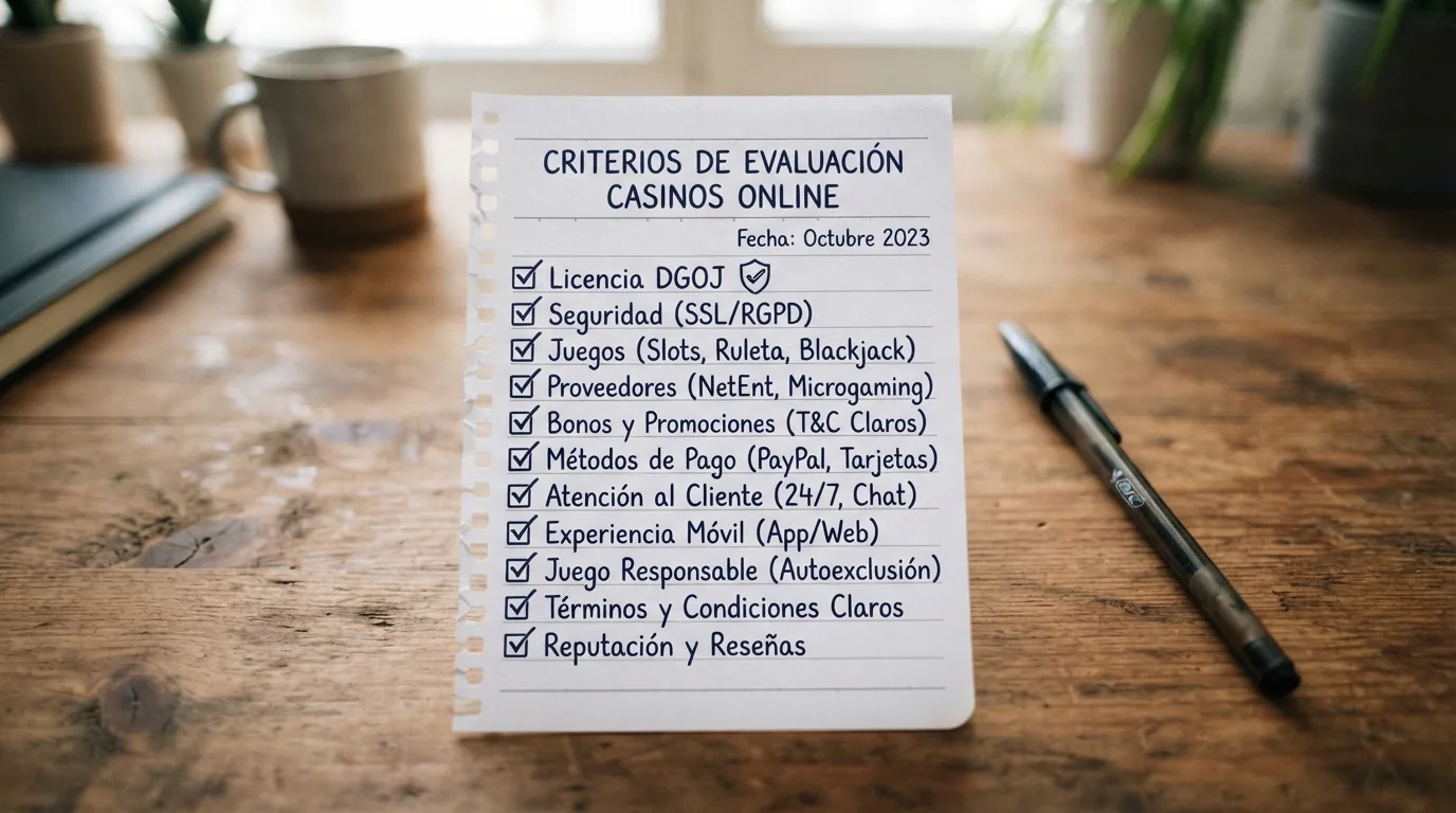 Lista manuscrita simulada de criterios de evaluación con marcas de verificación junto a licencia, juegos, bonos y pagos
