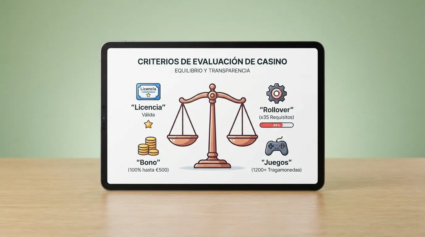 Representación visual de los criterios de evaluación: licencia DGOJ, disponibilidad de Aviator, condiciones del bono, requisito de apuesta y plazo de validez