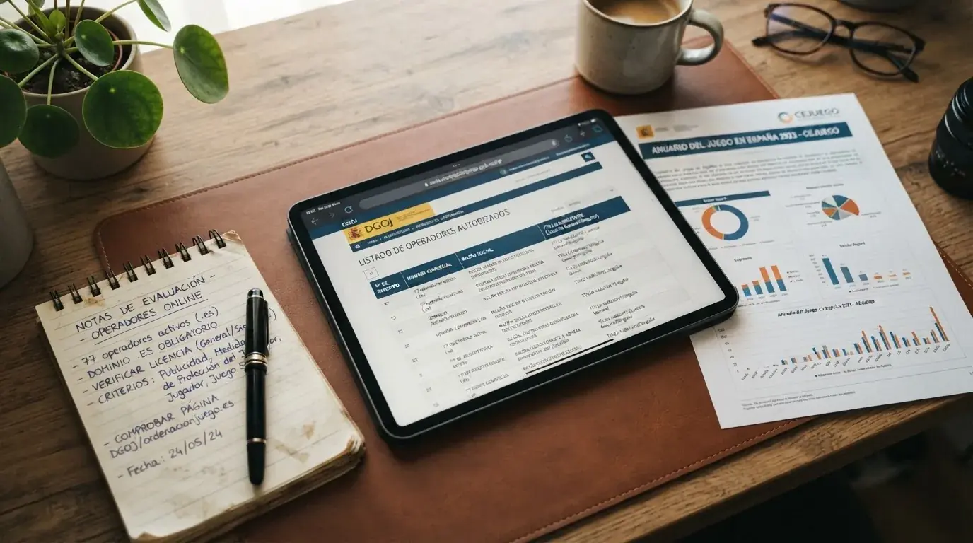 Escritorio con informes del sector, una tableta con el buscador de ordenacionjuego.es abierto y anotaciones manuscritas con los criterios de evaluación.
