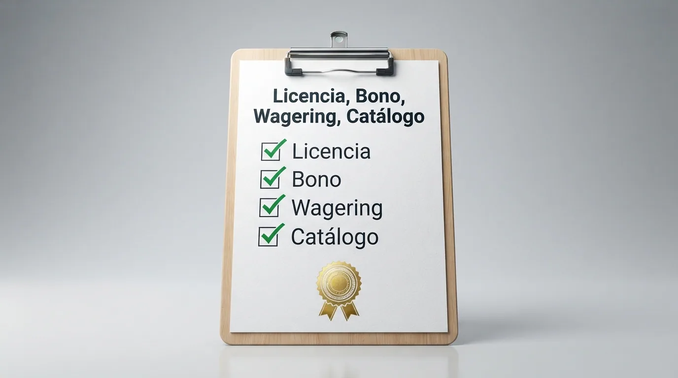 Lista de verificación con los criterios de evaluación (licencia, bono, wagering, catálogo) junto al logotipo del buscador de operadores de la DGOJ