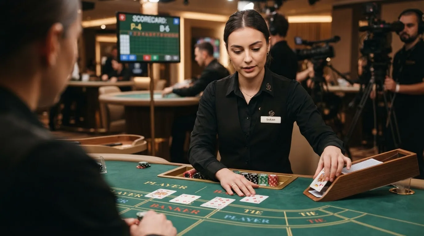 Primer plano de un crupier de casino sosteniendo el calzador sobre una mesa de baccarat con fichas y cartas visibles