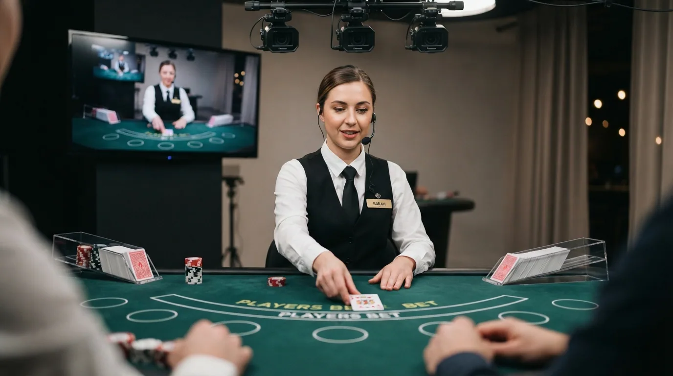 Un crupier real de pie ante una mesa de blackjack con varias cámaras y un monitor mostrando la señal de streaming en directo