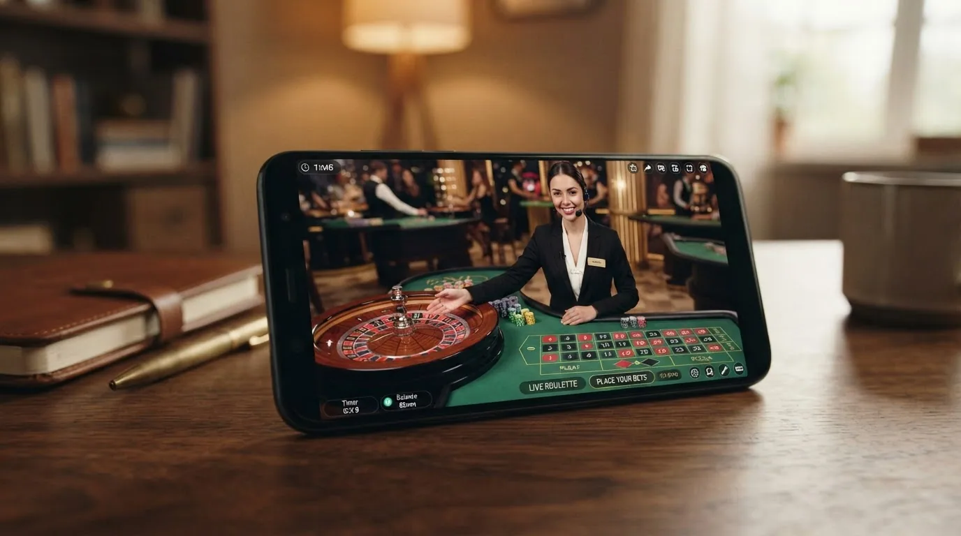 Un crupier real de pie ante una ruleta física, retransmitido en la pantalla de un teléfono móvil