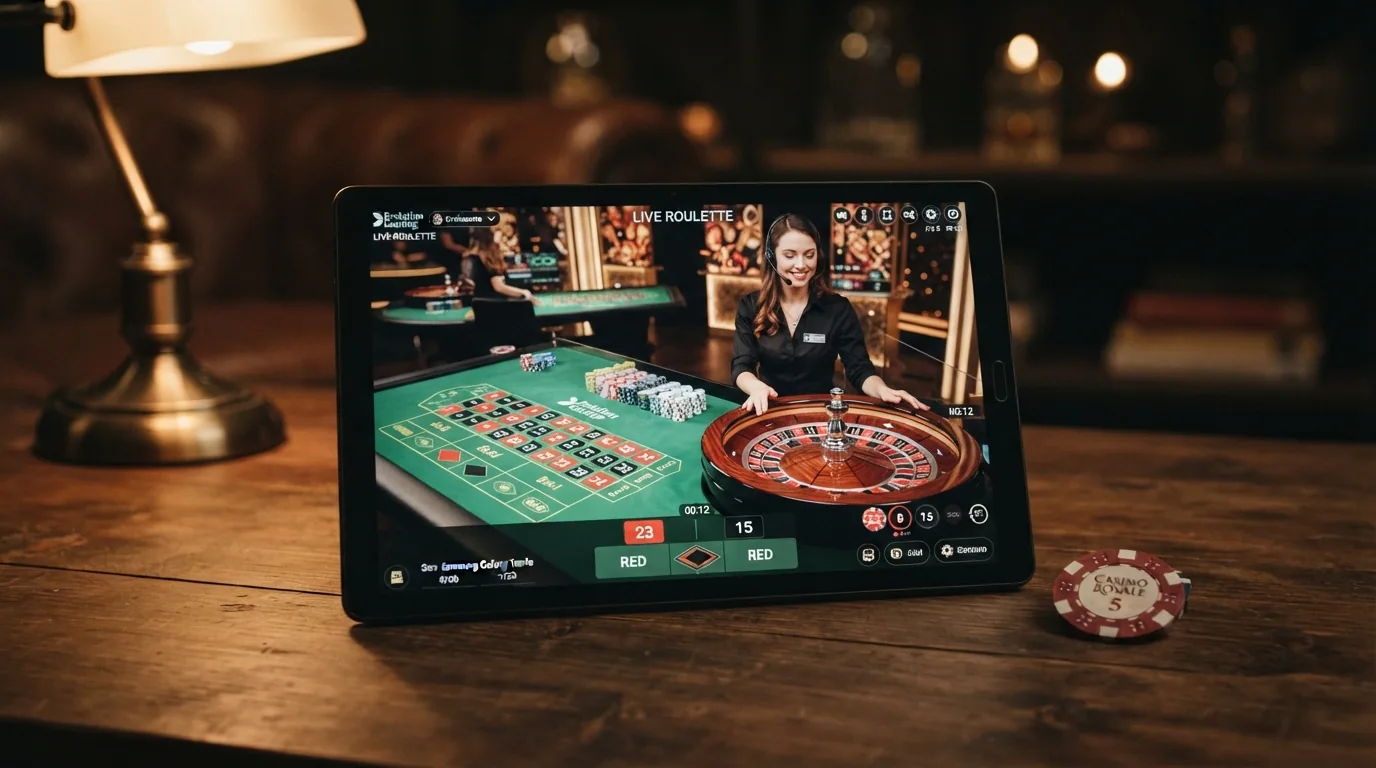 Teléfono Android en horizontal mostrando una mesa de ruleta en vivo con un crupier real y la rueda girando
