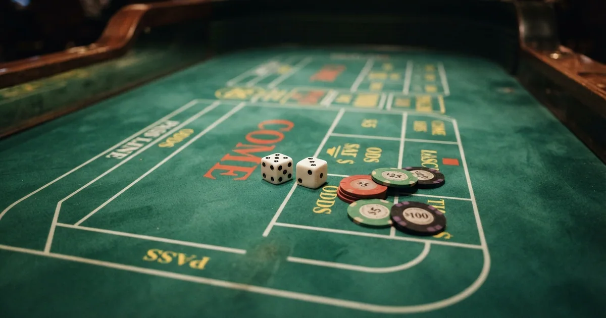 Vista cenital de una mesa de craps profesional con fichas apiladas y dos dados sobre el tapete verde