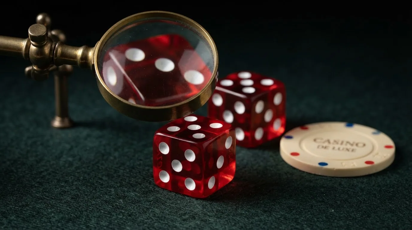 Primer plano de un par de dados de casino con bordes afilados y número de serie grabado sobre superficie oscura