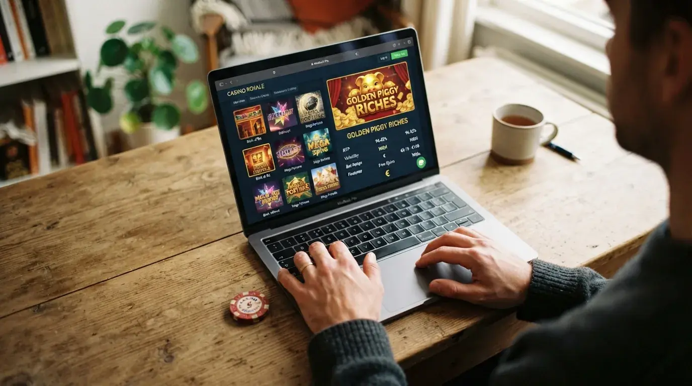 Un jugador consultando la ficha tecnica de una tragaperras en un casino online espanol, con los datos de RTP y volatilidad visibles en pantalla