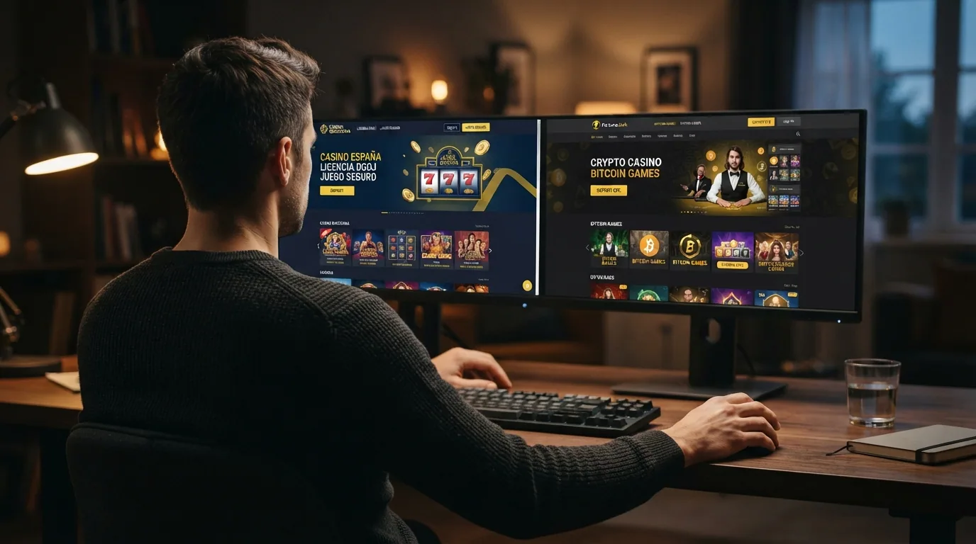 Un jugador ante una pantalla dividida: a la izquierda, el entorno regulado con el sello .es; a la derecha, el offshore con iconos de criptomonedas, ambos con sus ventajas y riesgos visibles.