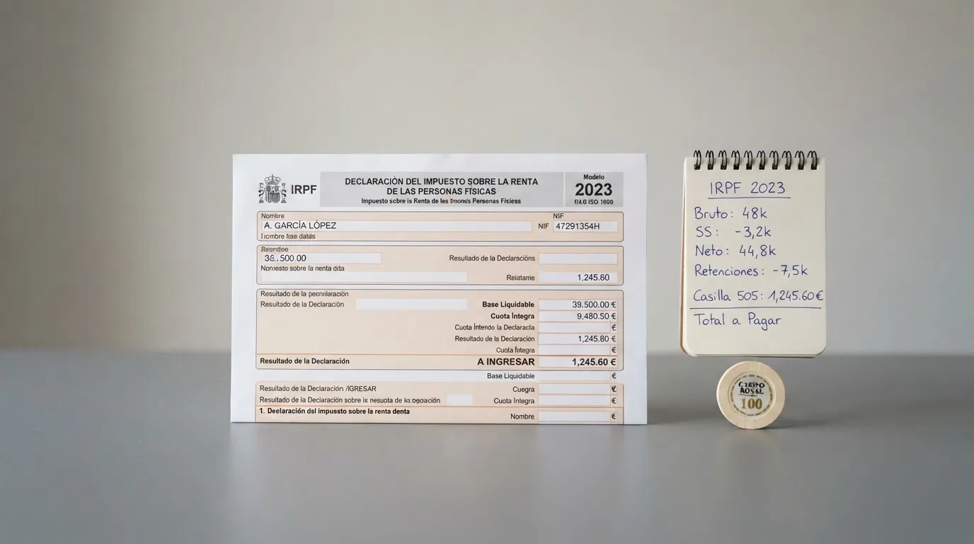 Formulario de la declaración de la renta español con una calculadora y un informe de ganancias de juego online al lado