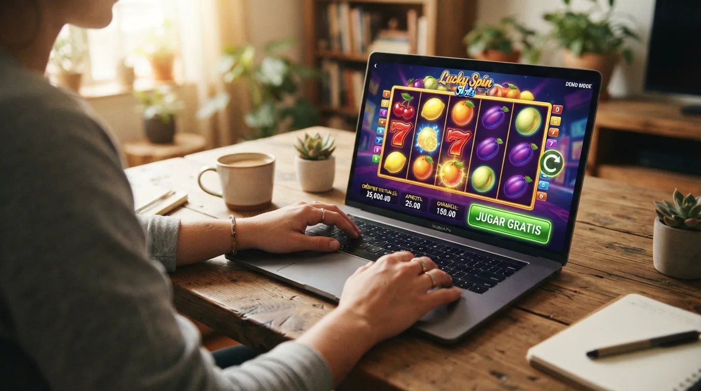 Pantalla de modo demo de una tragaperras de frutas con el contador de créditos virtuales visible y el botón de «jugar gratis» resaltado