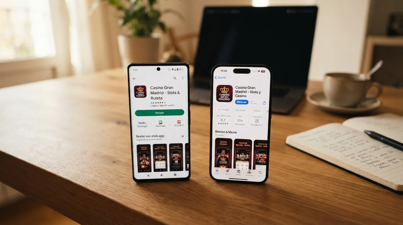 Un móvil Android y un iPhone uno al lado del otro, cada uno con la pantalla de instalación de una app de casino