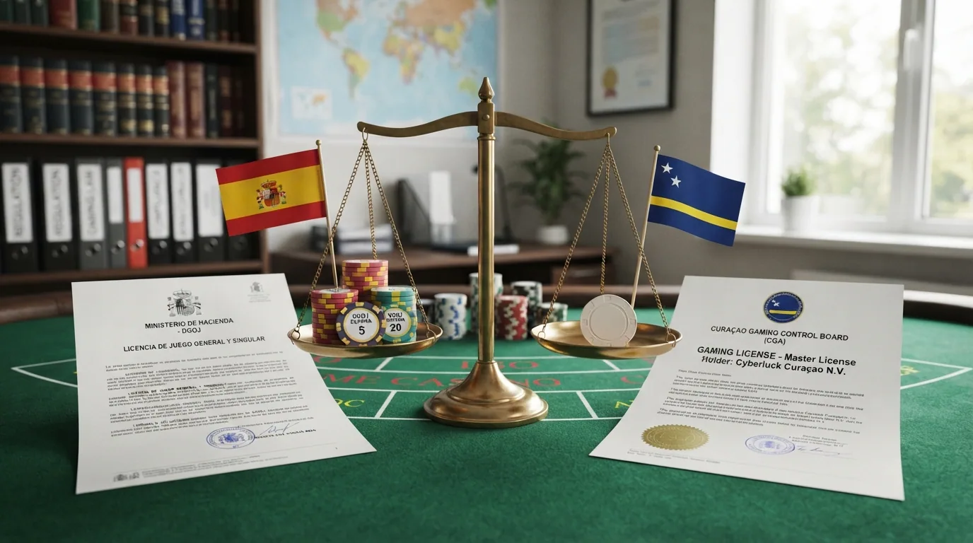 Balanza con la bandera de España a un lado y la bandera de Curazao al otro, separadas por una mesa de juego