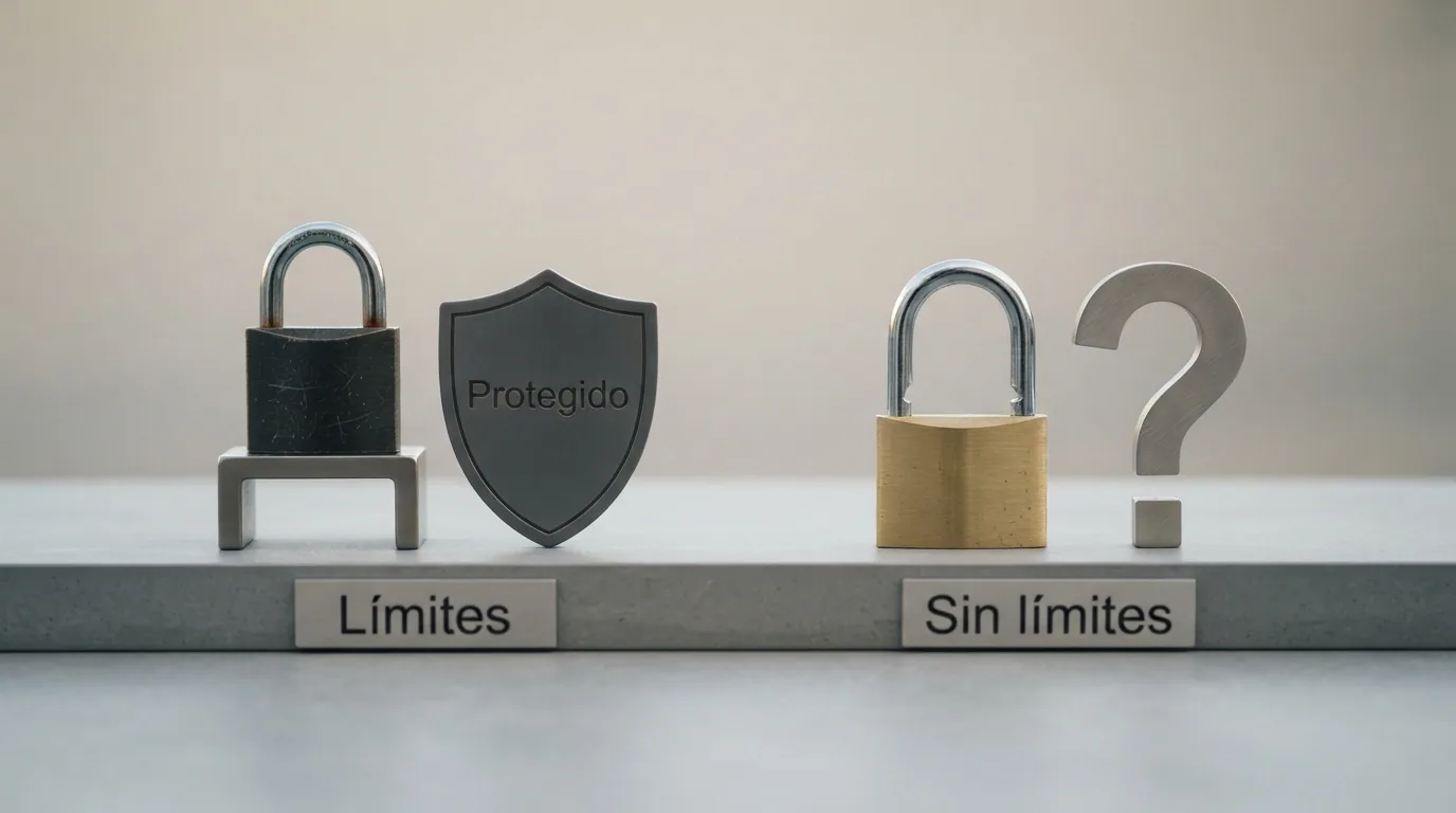 Dos columnas comparativas con iconos: a la izquierda candado, escudo y límites; a la derecha candado abierto, interrogación y sin límites