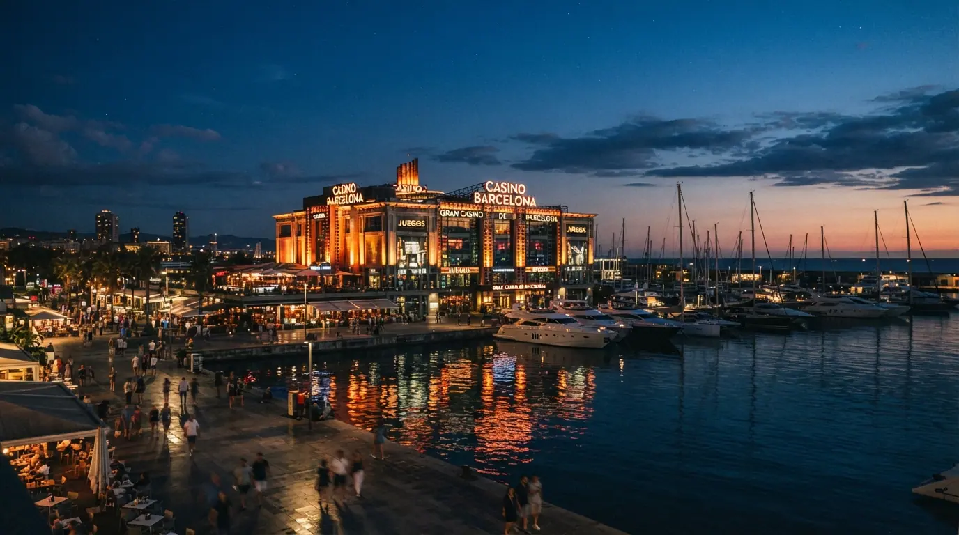 Fachada del edificio del Casino Barcelona en el Port Olímpic iluminado de noche junto al mar