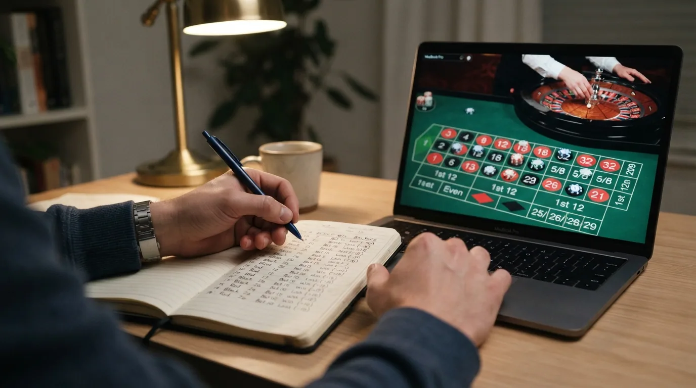 jugador anotando una progresión de apuestas en un bloc junto a la pantalla del casino en vivo
