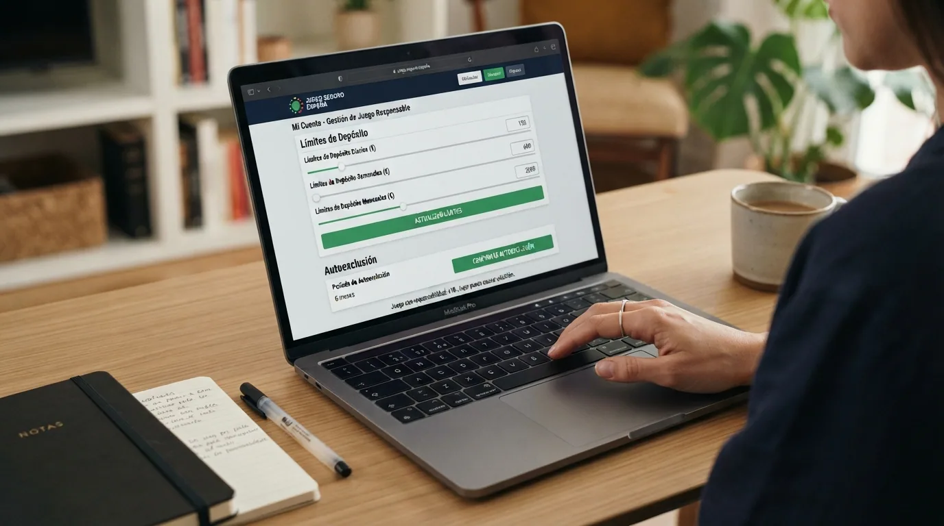 Panel de control de límites de depósito y opciones de autoexclusión en el área de cuenta de un casino online con licencia española