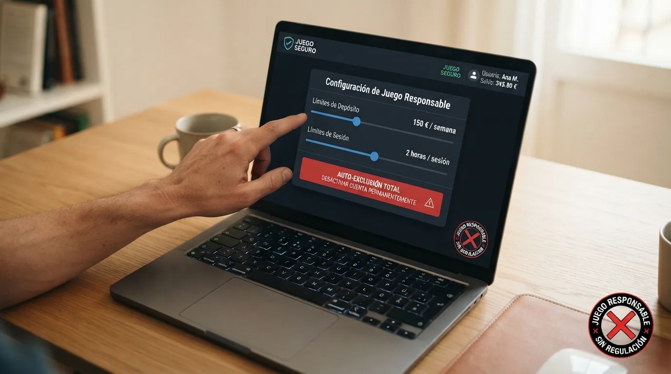 Un panel de configuración con controles deslizantes de límite de depósito, límite de sesión y un botón de autoexclusión, sobre un fondo que muestra el logo del RGIAJ tachado