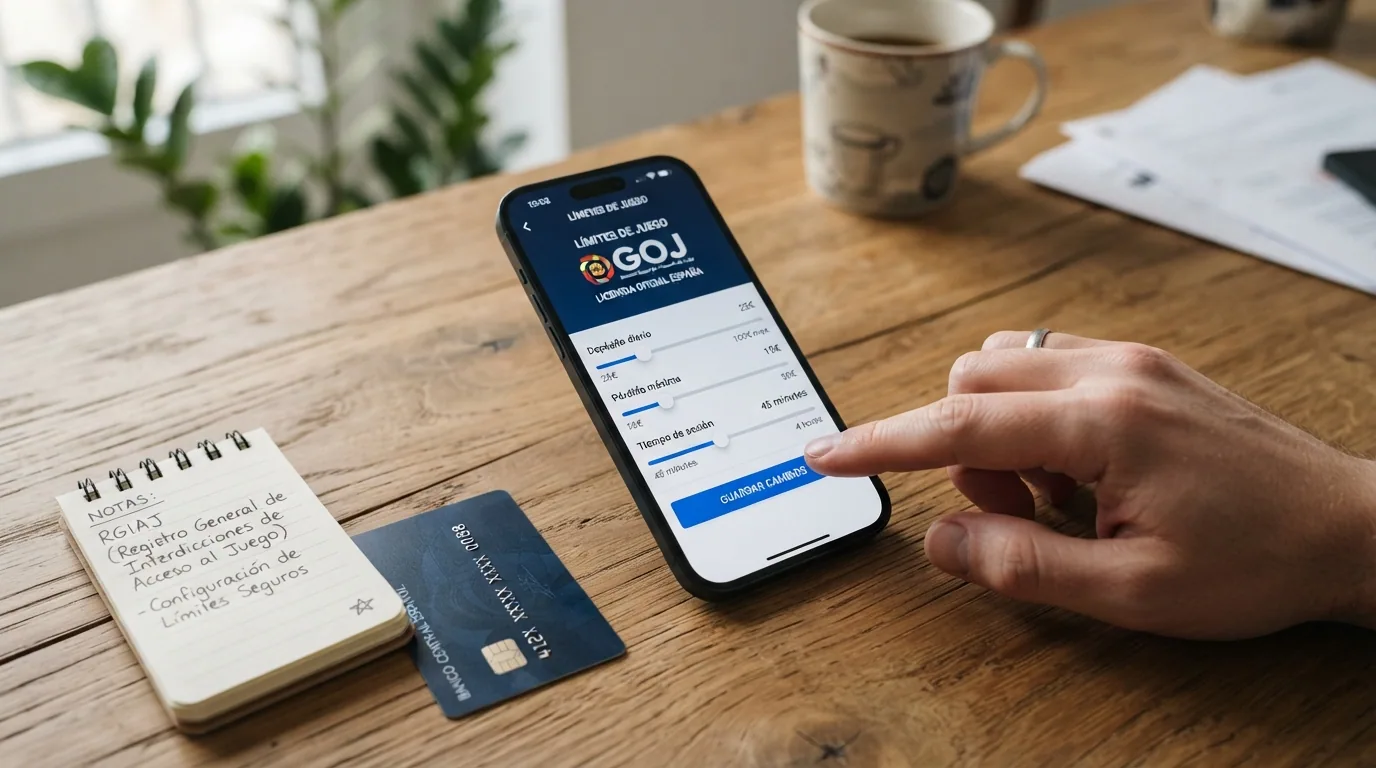 Pantalla de configuración de límites de un casino online español con los controles desplegados: límite de depósito diario, límite de sesión, pausa y enlace al RGIAJ