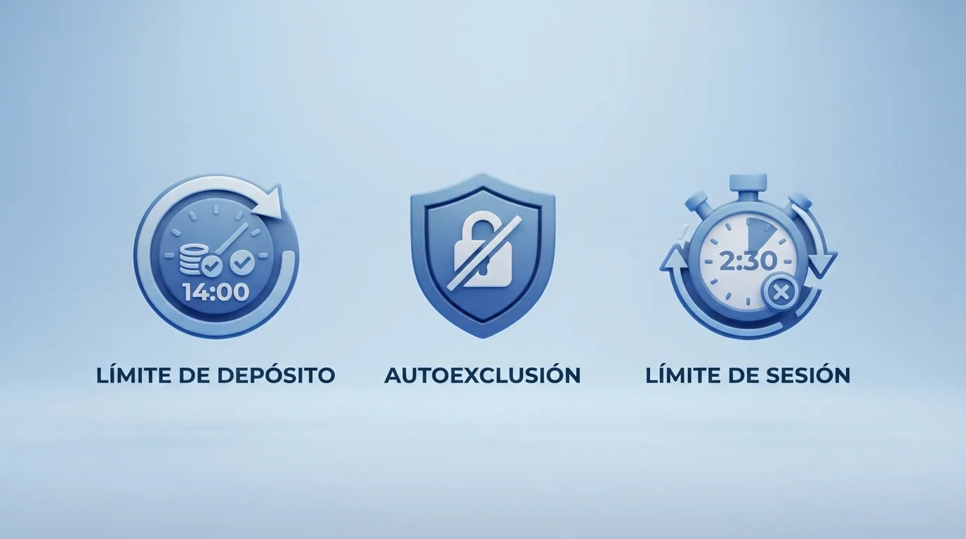 Iconos de las herramientas de juego responsable obligatorias en operadores DGOJ: límite de depósito, autoexclusión y temporizador de sesión