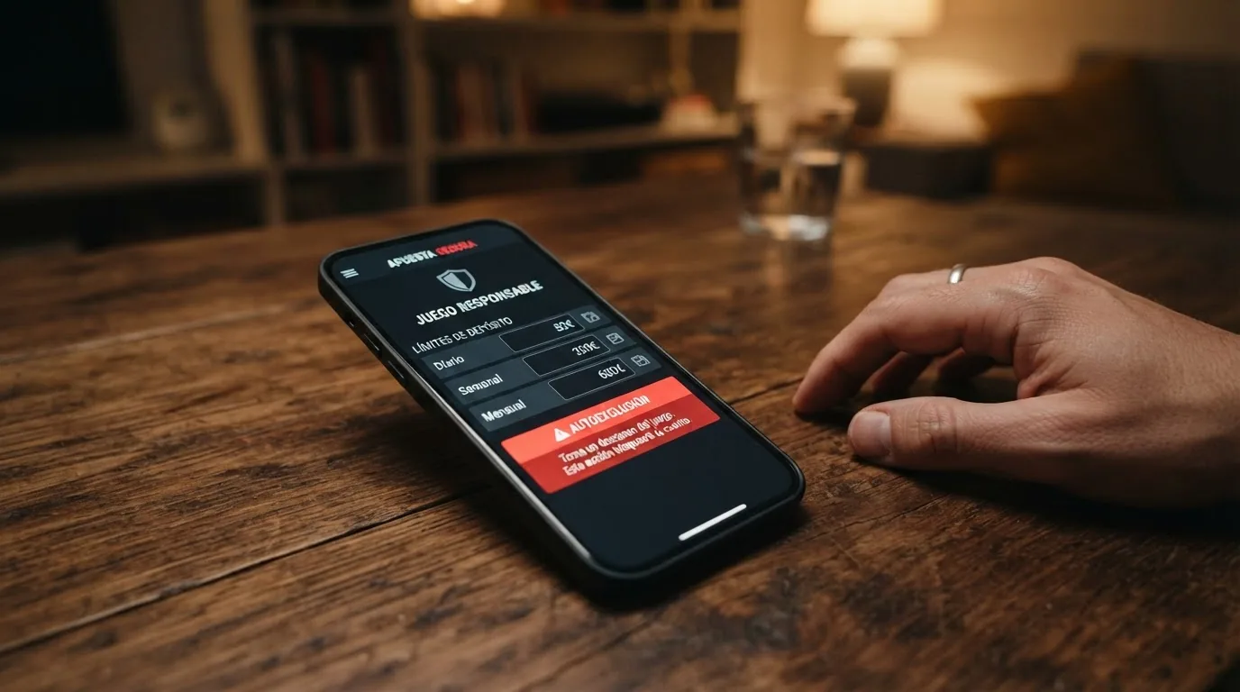 Pantalla de configuración de límites de una app de casino con los campos de límite diario, semanal y mensual visibles y el botón de autoexclusión señalado