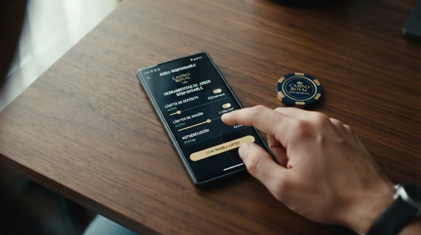 Panel de control de juego responsable de un casino online español con las opciones de límites de depósito, sesión y autoexclusión