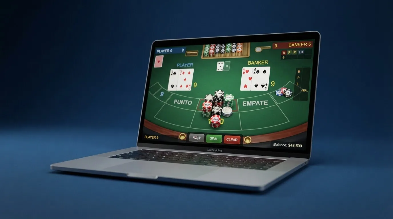 Pantalla de un juego de punto y banca en formato RNG con las tres zonas de apuesta y fichas virtuales