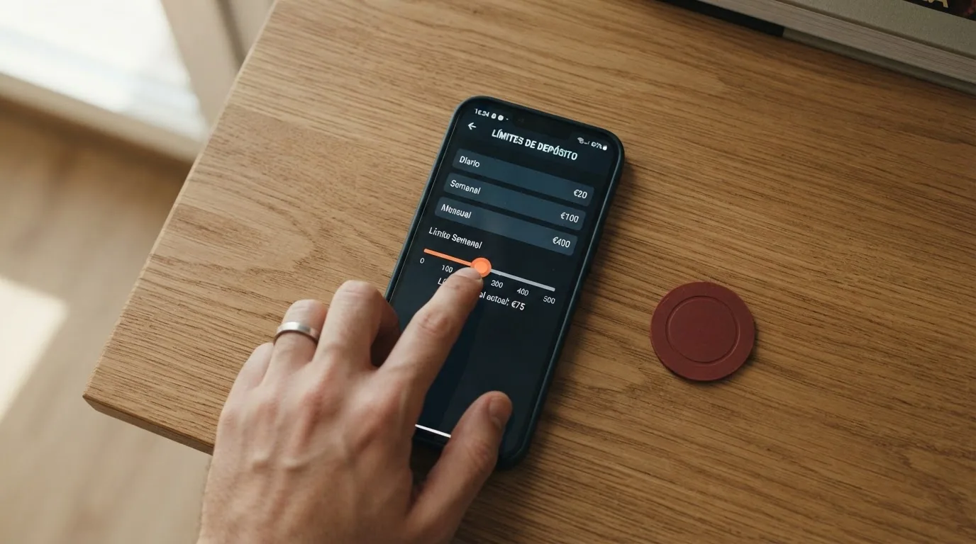Teléfono móvil mostrando la pantalla de configuración de límites de depósito junto a una tarjeta con el logotipo de FEJAR