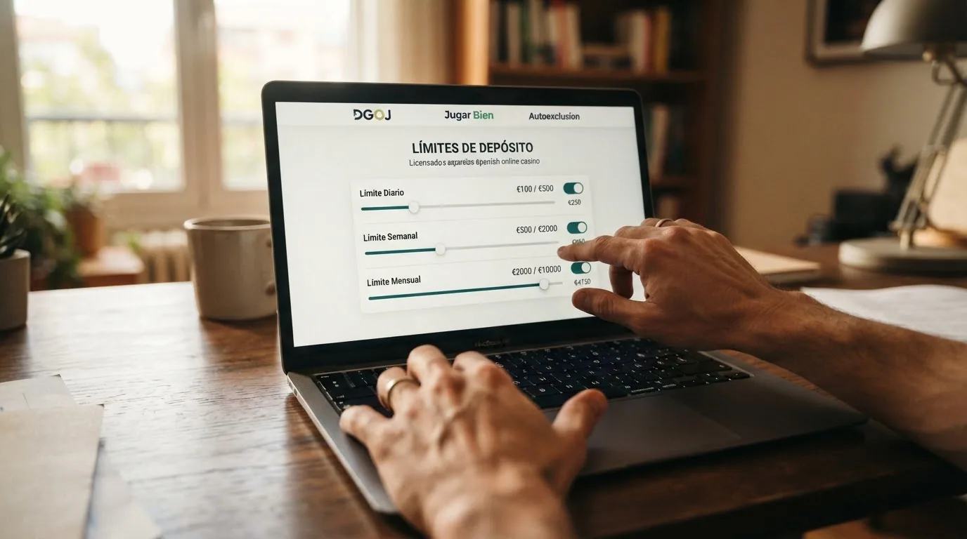 pantalla de configuración de límites de depósito de un casino online español con los controles deslizantes de límite diario, semanal y mensual