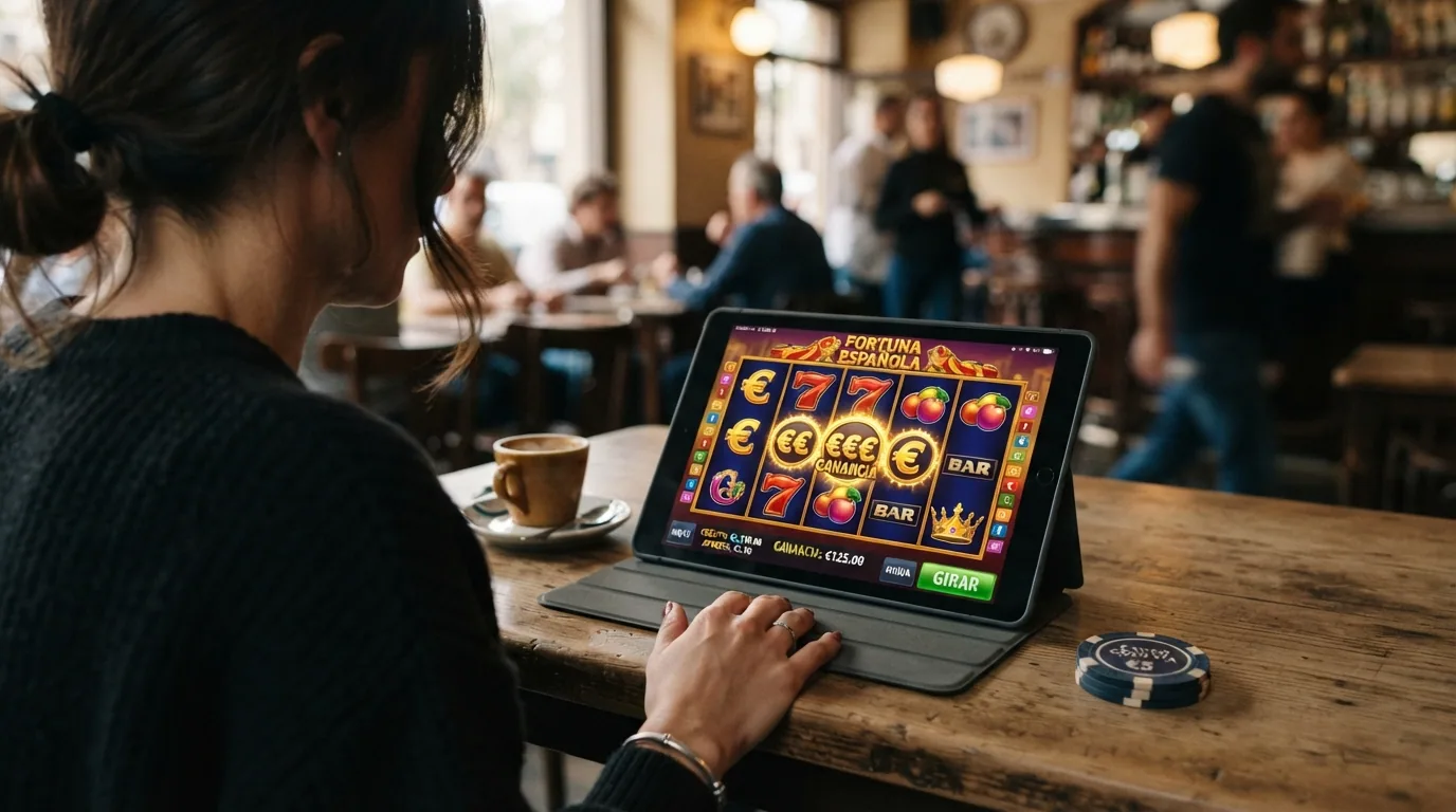 Un jugador consultando la guía en una tableta mientras verifica el sello Juego Seguro en la web de un operador con licencia