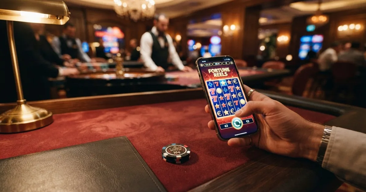 Panel de control de un casino online con fichas, cartas y una pantalla que muestra porcentajes de retorno al jugador